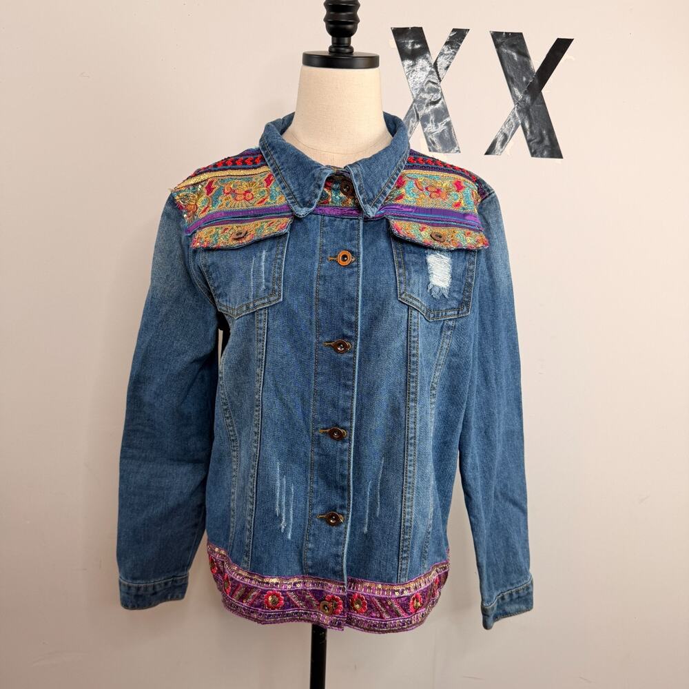 Y2K Embellished Denim Trucker Jacket Purple Blue Satin Patchwork Embroidered L